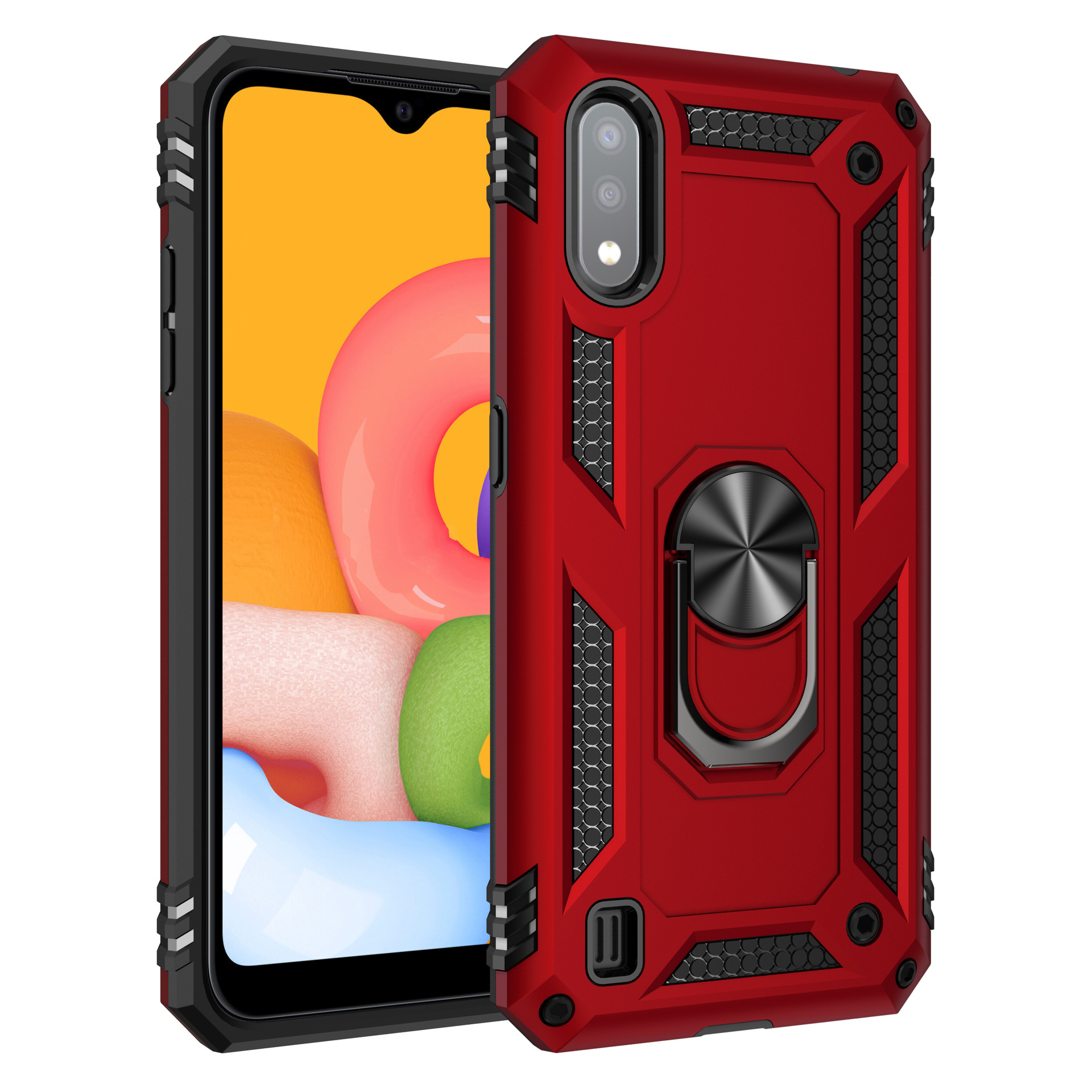 Samsung Galaxy A01 Tech Armor RING Grip Case with Metal Plate (Red)